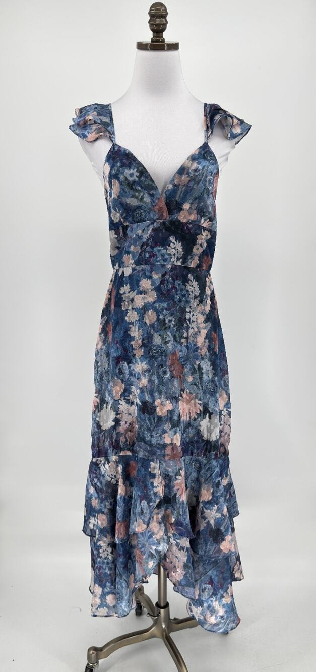 Hutch Anthropologie Blue Floral Sweetheart Neck Tiered Ruffle Midi Dress Sz 4